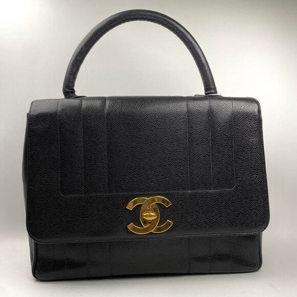 Authentic CHANEL CC Caviar Vertical Quilted Kelly Flap Bag Black Purse Handle - Picture 2 of 12